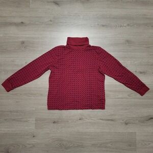 LL Bean Womens Medium Petite Red Burgundy Heart Print Cotton Turtleneck 515676